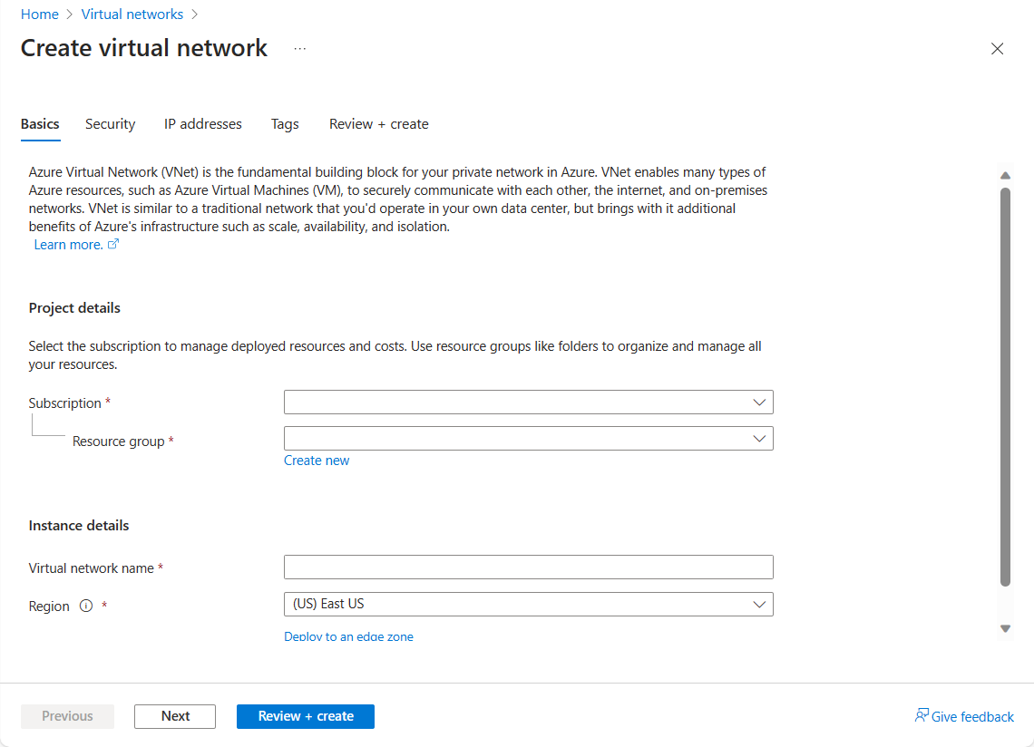 Screenshot of the Azure portal showing an example of the Create virtual network pane fields.