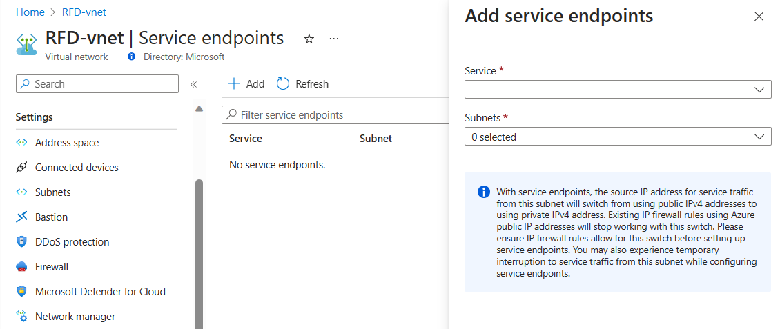 Screenshot of the Azure portal showing an example pane for editing virtual network settings.