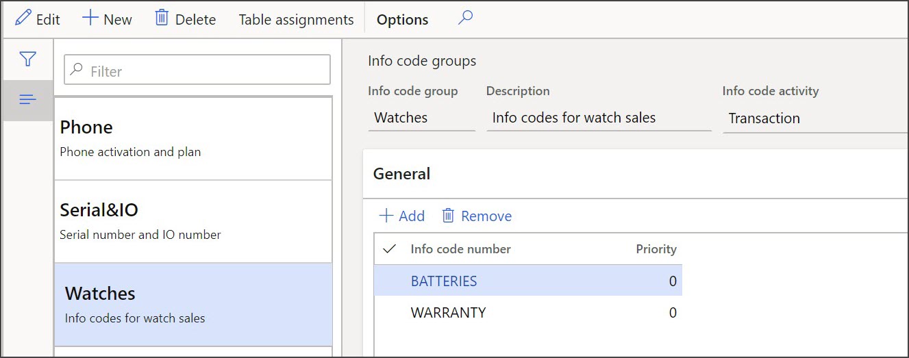 Screenshot of the Dynamics 365 Commerce Info code groups page.