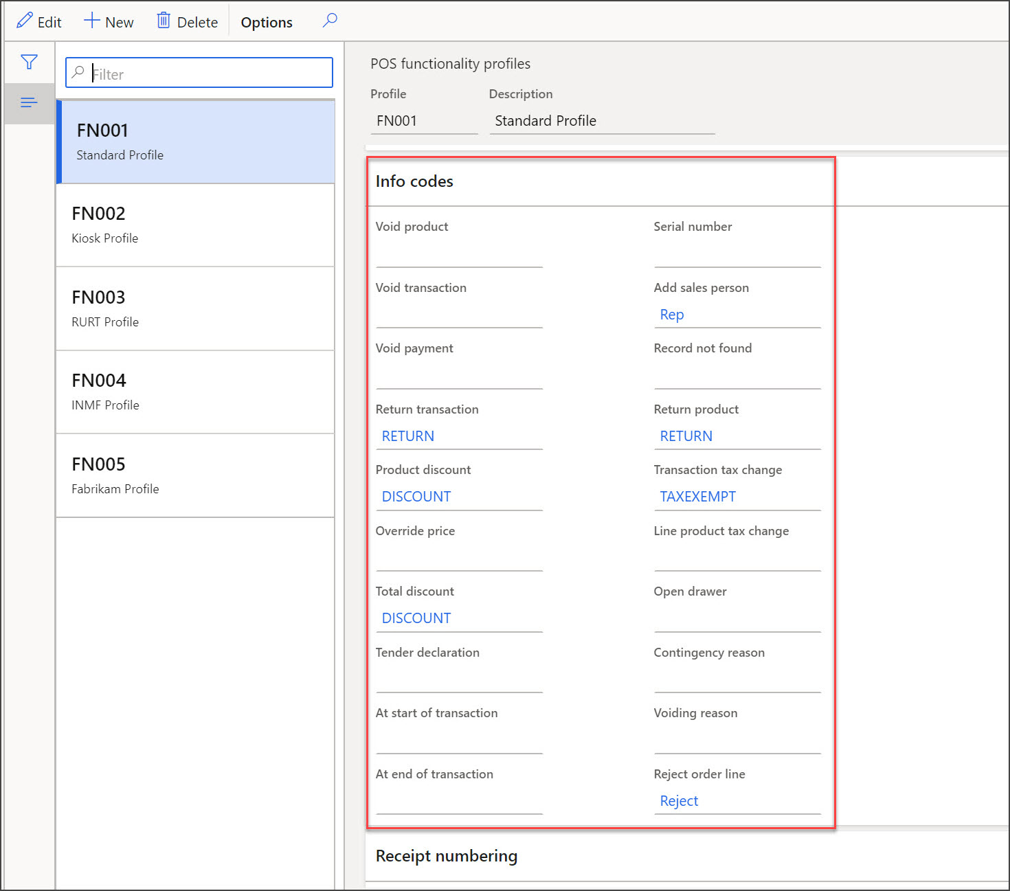 Screenshot of Store Commerce Functionality profiles page.