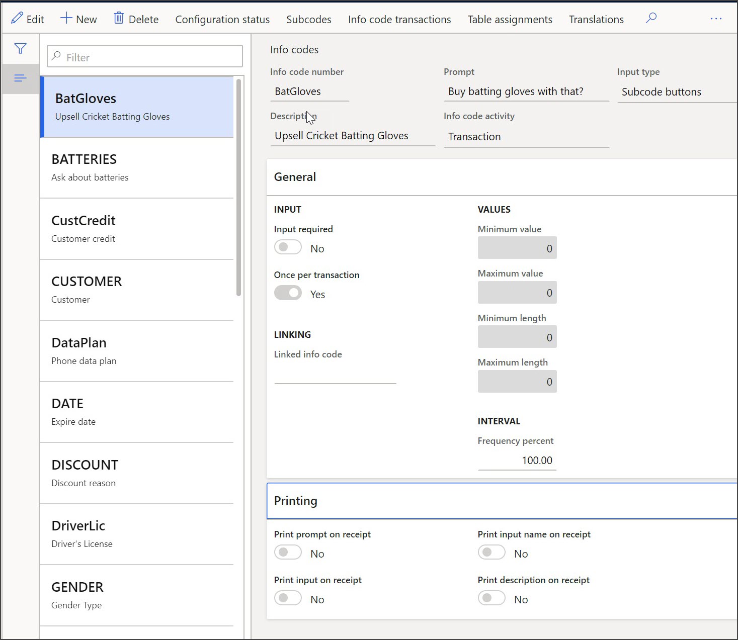 Screenshot of the Dynamics 365 Commerce Info codes page.