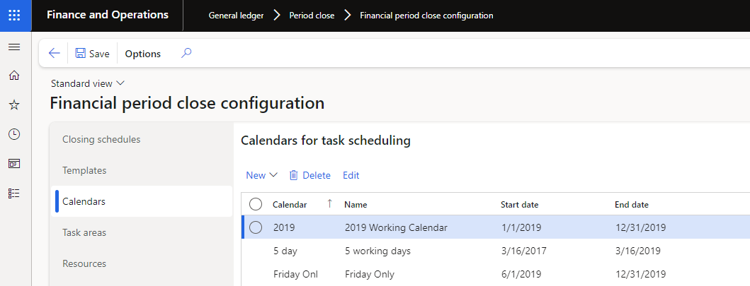 Screenshot of the Financial period close configuration page, showing the Calendars FastTab.