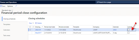 Screenshot showing the Financial period close configuration page, showing the Locked field on the Closing schedules FastTab.