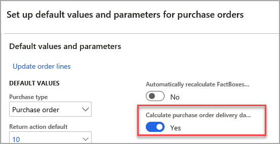 Screenshot of calculate purchase order delivery button.