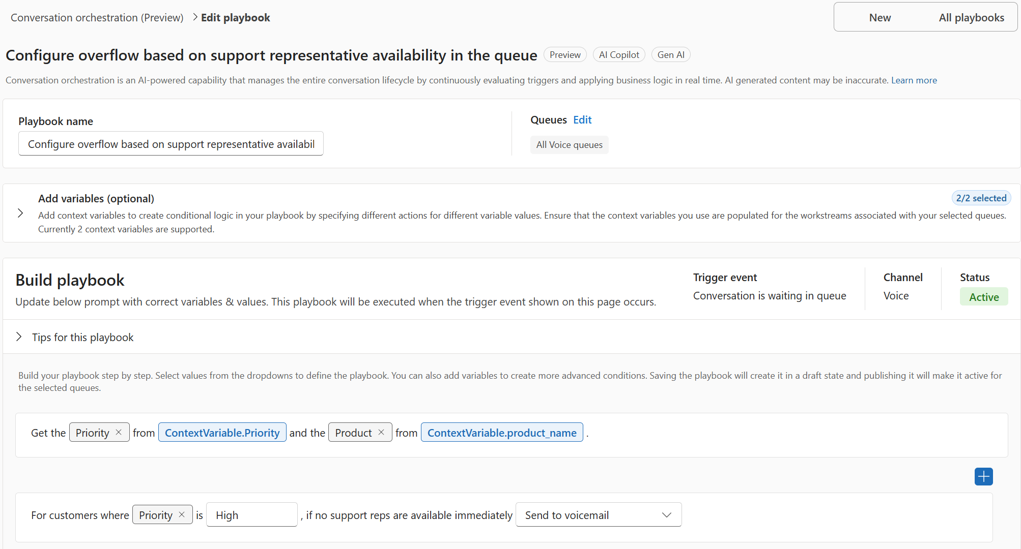 Screenshot of an AI-powered playbook configured for immediate overflow in conversation orchestration.