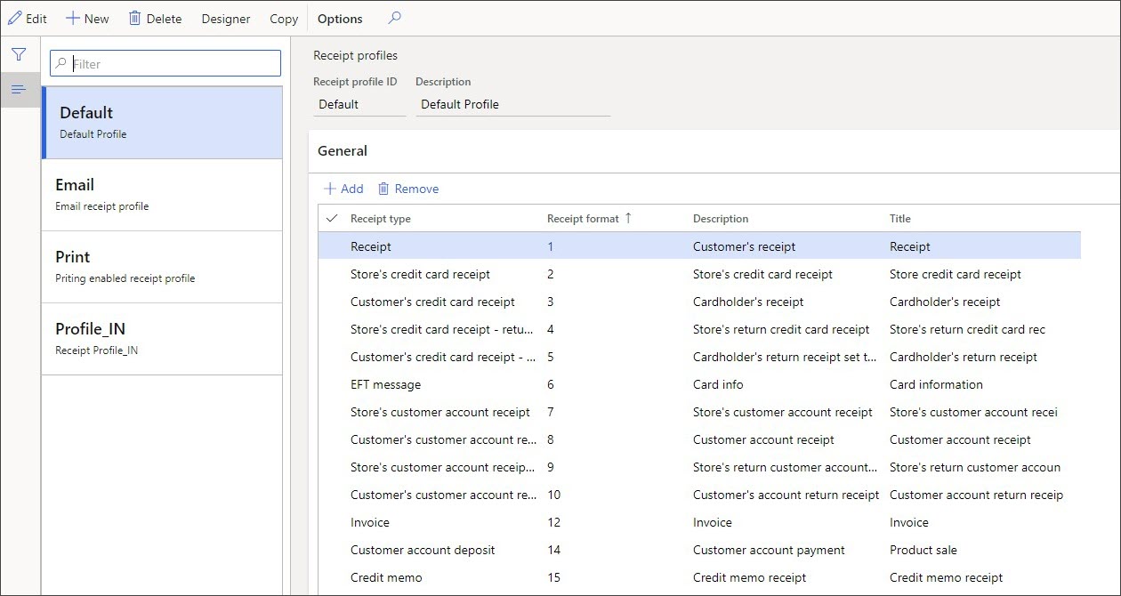 Screenshot of the Dynamics 365 Commerce Receipt profiles page.