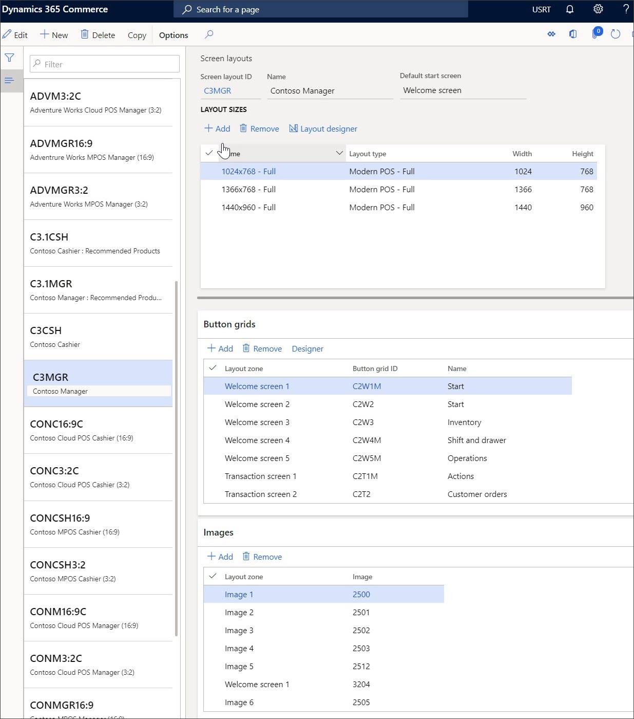 Screenshot of the Dynamics 365 Commerce Screen layouts page.