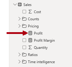 Screenshot shows the Sales table in the Data pane. The Profit field is decorated with the calculator icon.