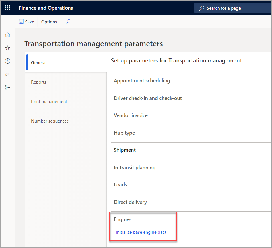 Screenshot of the Transportation management parameters page with Initialize base engine data highlighted.