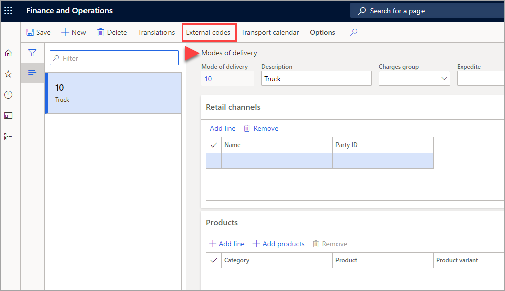 Screenshot of the External codes Modes of delivery page.