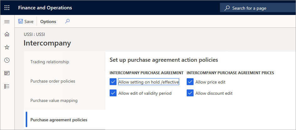 Screenshot of the Purchase agreement policies tab on the Set up purchase agreement action policies page.