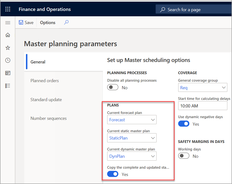 Screenshot of the Master planning parameters page with the Plans field group highlighted.
