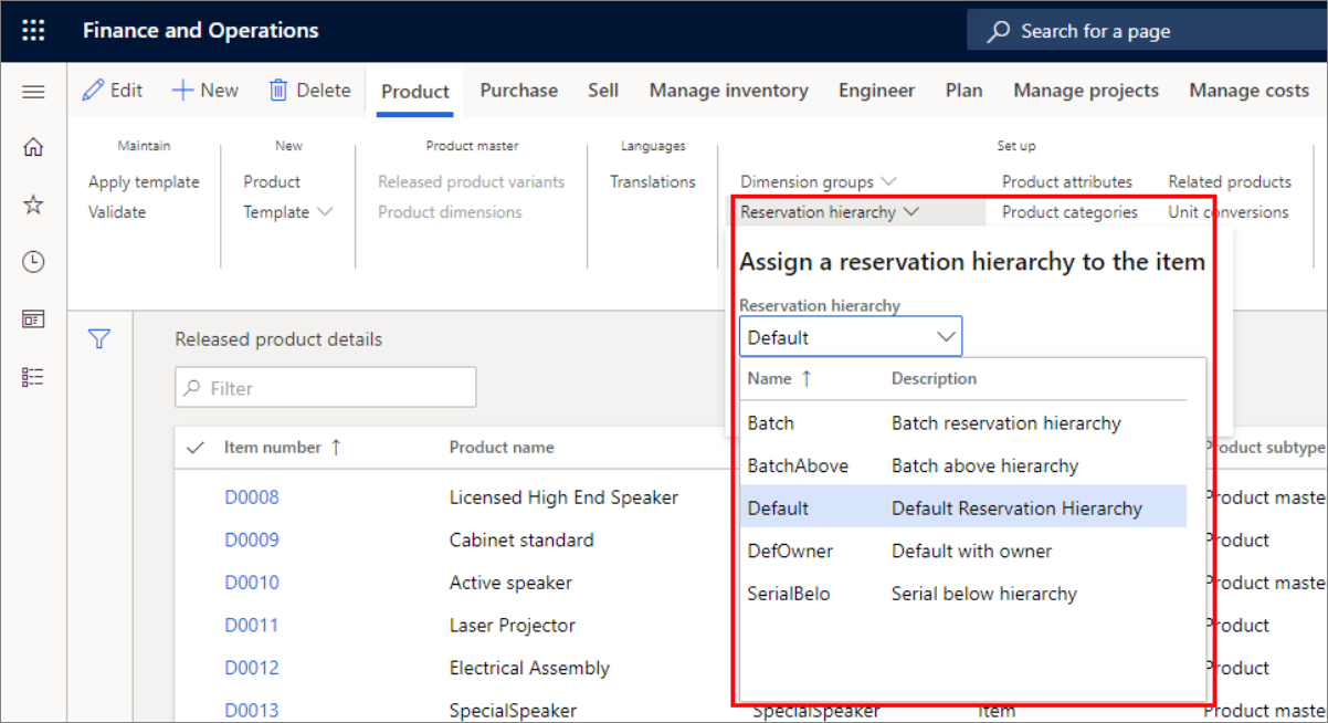 Screenshot of Released product details page with the reservation hierarchy drop-down menu