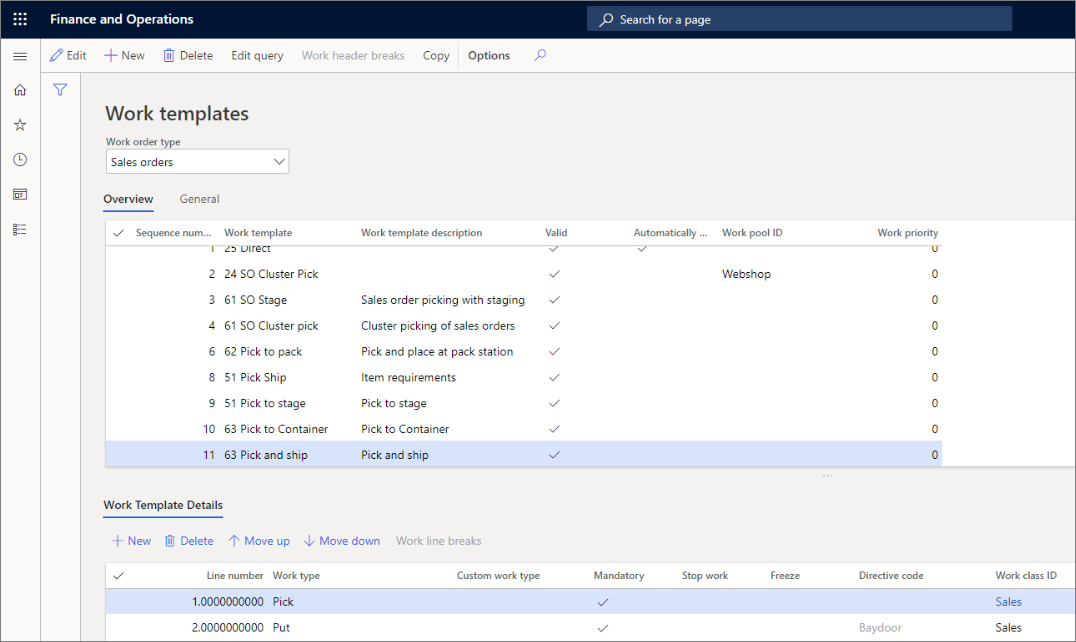 Screenshot of the finance and operations Work templates page.