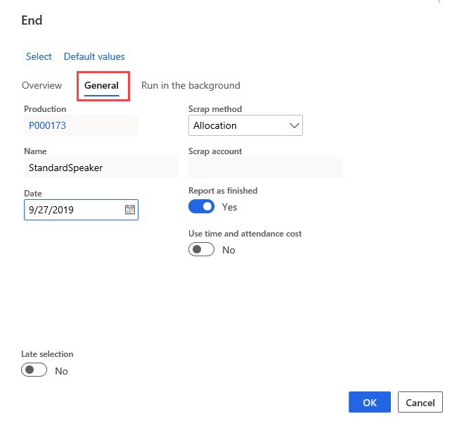 Screenshot of the End General tab.