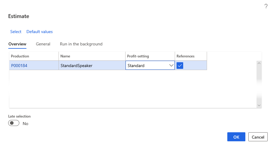 Screenshot of the Estimate overview page.