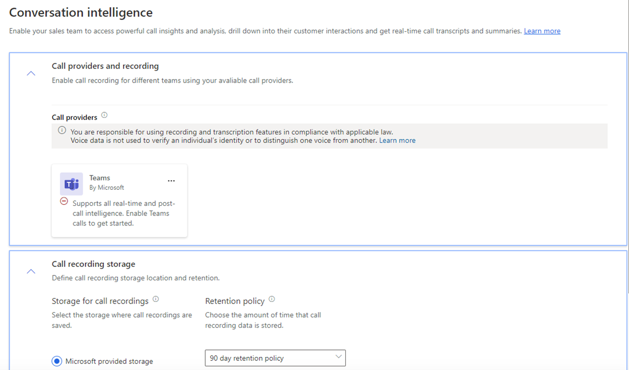 Screenshot showing conversation intelligence settings.