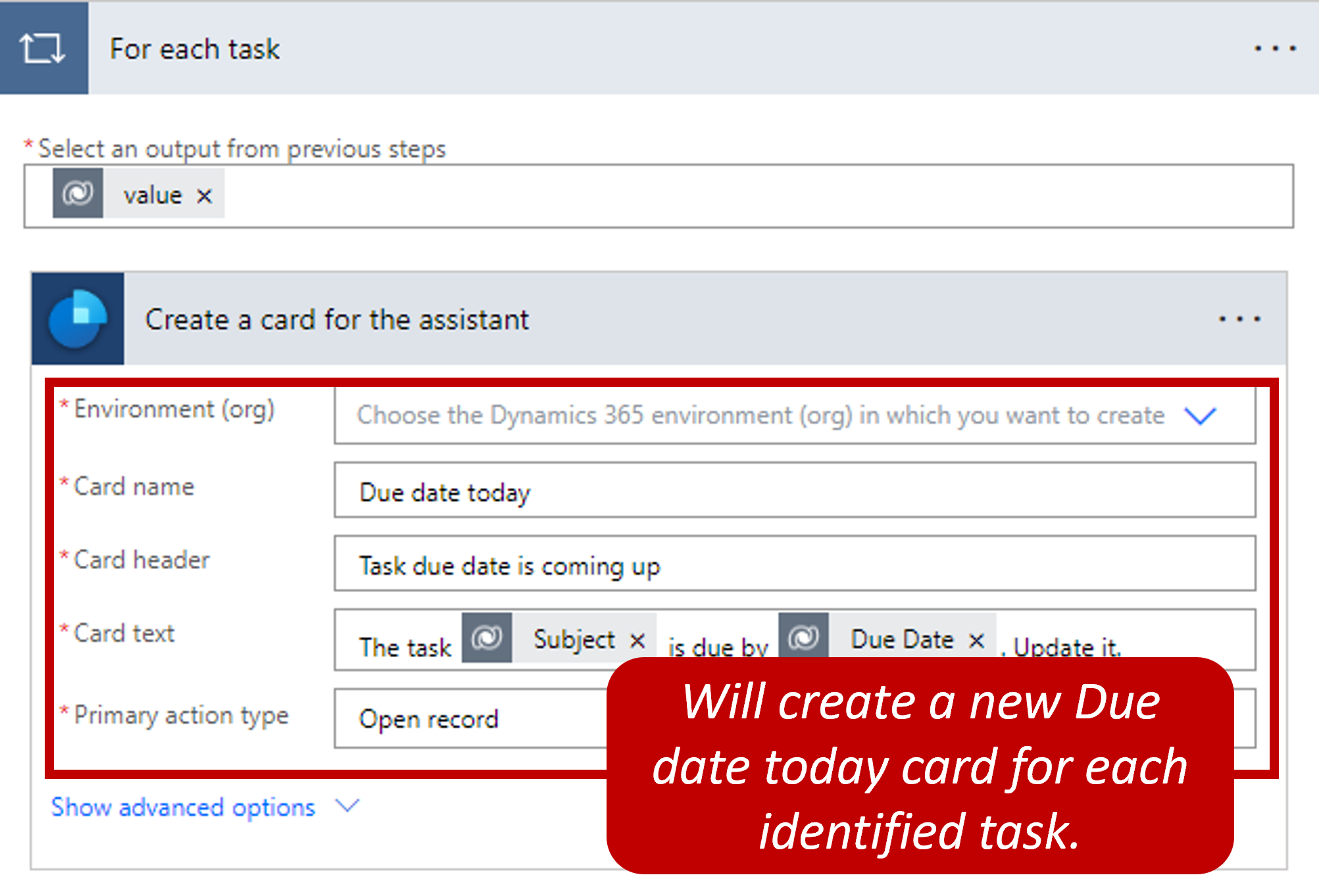 Define control shows the Create a card for the assistant edit view filled in with values. Creates a new Due date today card for each identified task.