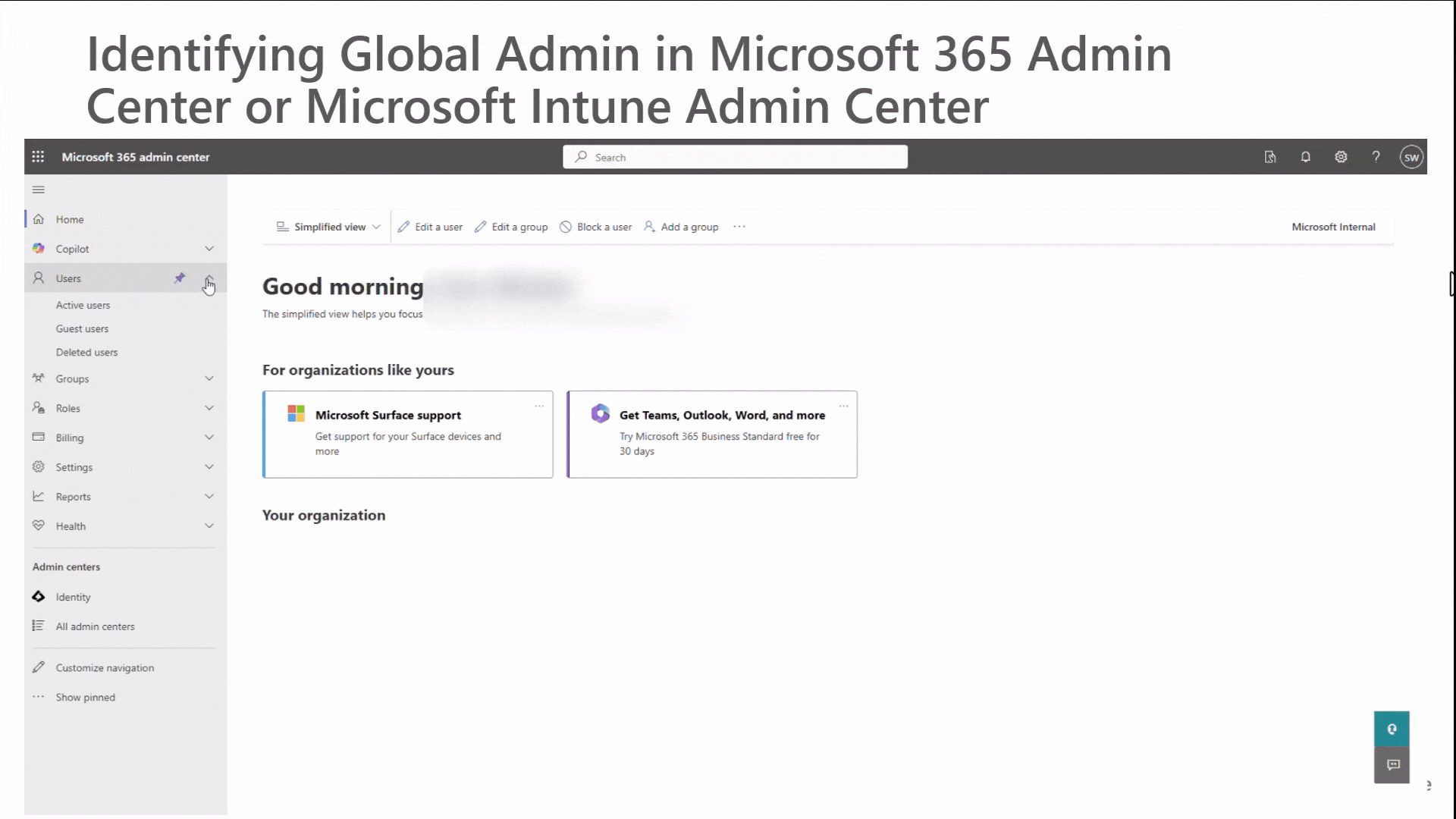 Animation showing the process of identifying the Global Admin in Microsoft 365 Admin Center.