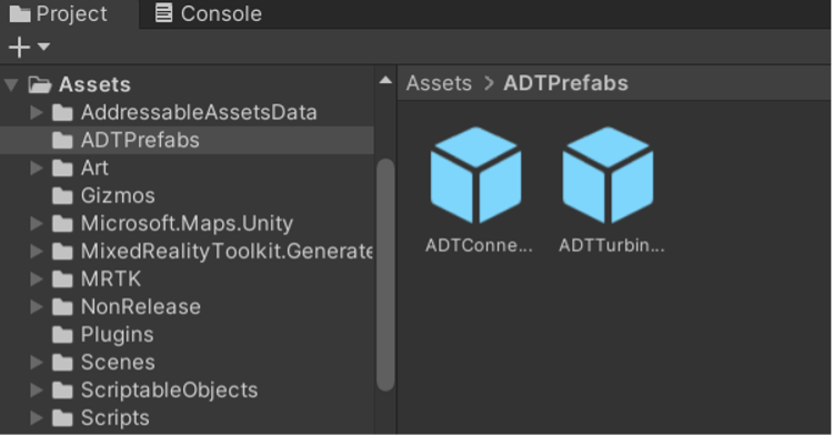 Screenshot of the ADT prefab objects in the Unity project panel.