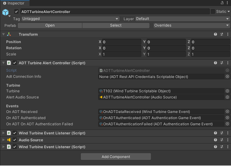 Screenshot of the ADT turbine alert controller in the Unity inspector.