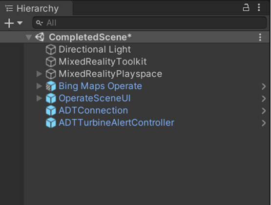 Screenshot of the ADT prefab objects added to the Unity hierarchy panel.