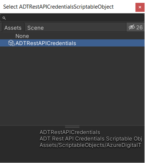 Screenshot of the ADT Rest API Credentials scriptable object in the Unity assets folder.