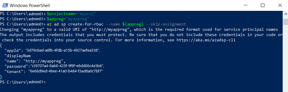 Screenshot of setting the app product and registration names and creating the app registration in PowerShell.