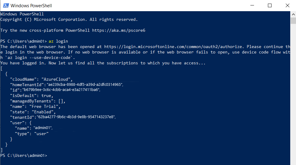 Screenshot of the output of the Windows PowerShell command running the az login command.