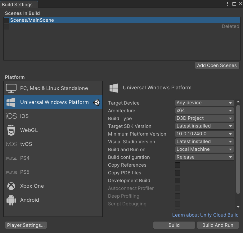 Screenshot of the Unity build settings window open with main scene and universal windows platform options highlighted.