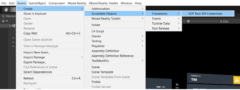 Screenshot of the Unity assets menu open showing Create > ScriptableObjects > Credentials > ADT Rest API Credentials menu selection.