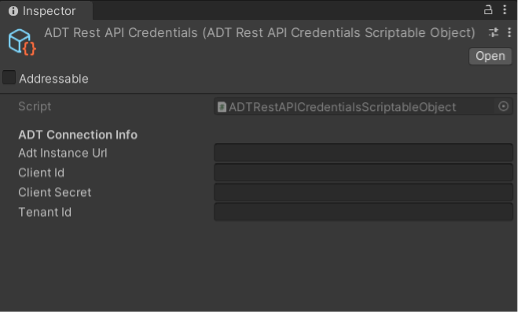 Screenshot of the ADT Rest API Credentials in the Inspector.