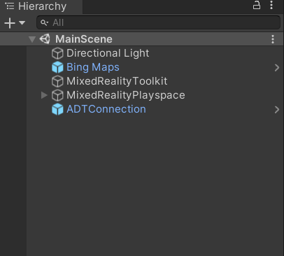 Screenshot of the Unity Hierarchy with the main scene highlighted.