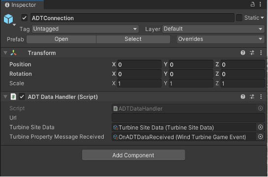 Screenshot of the Unity Inspector with the ADT Turbine Alert Controller prefab selected.
