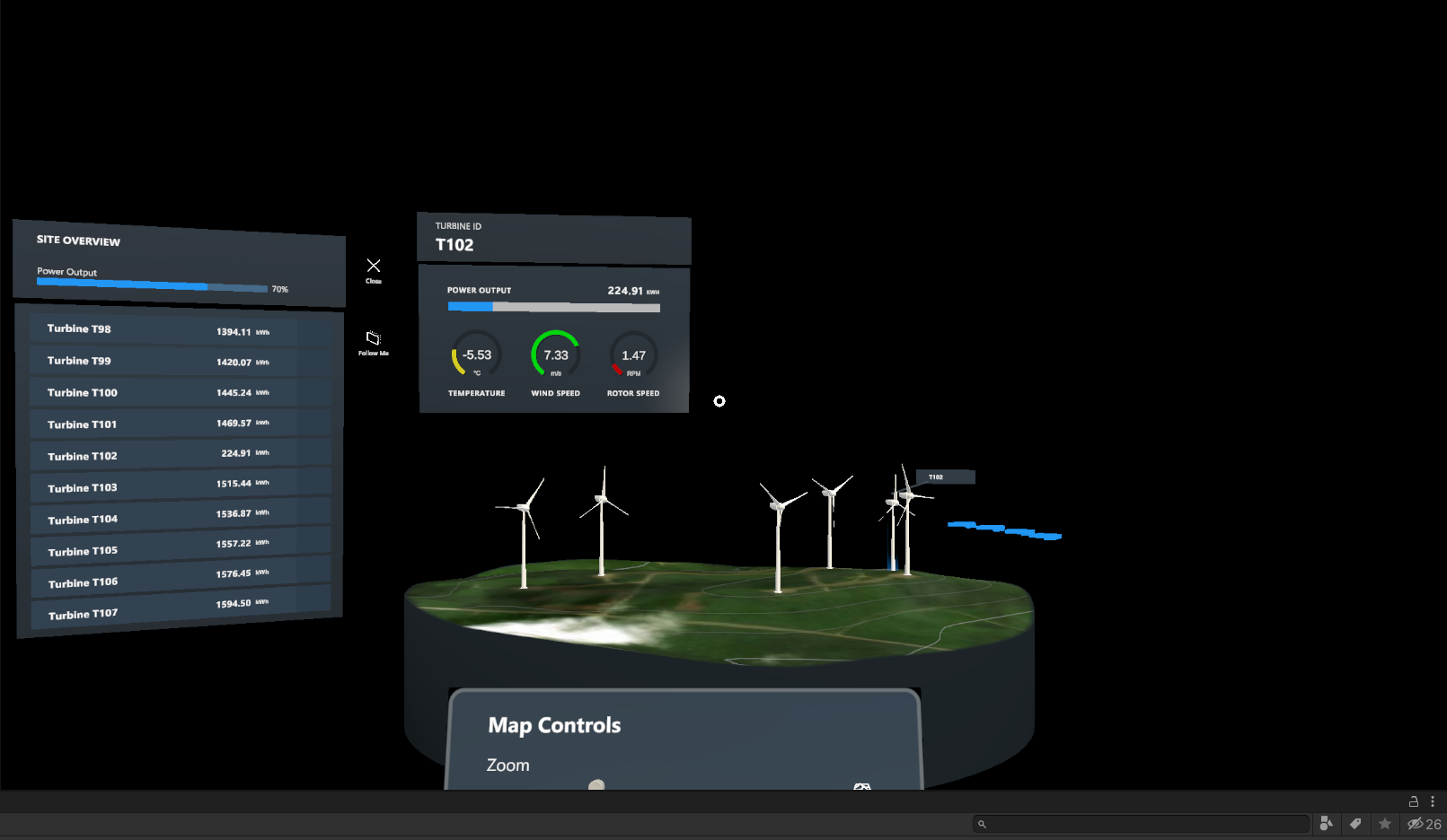 Screenshot of the Unity editor in play mode with the device simulator running and updated turbine data.