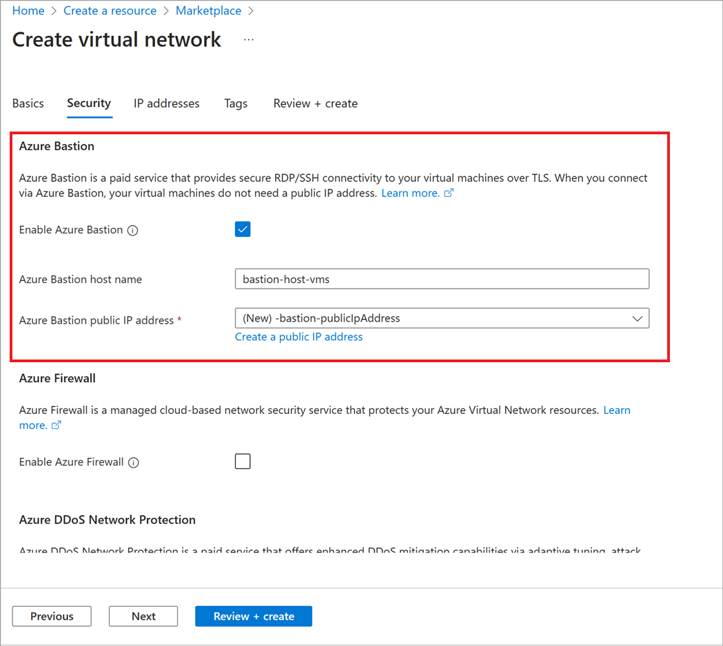 Screenshot of the Security tab that allows you to enable and configure the Azure Bastion host in the workflow for creating a virtual network.