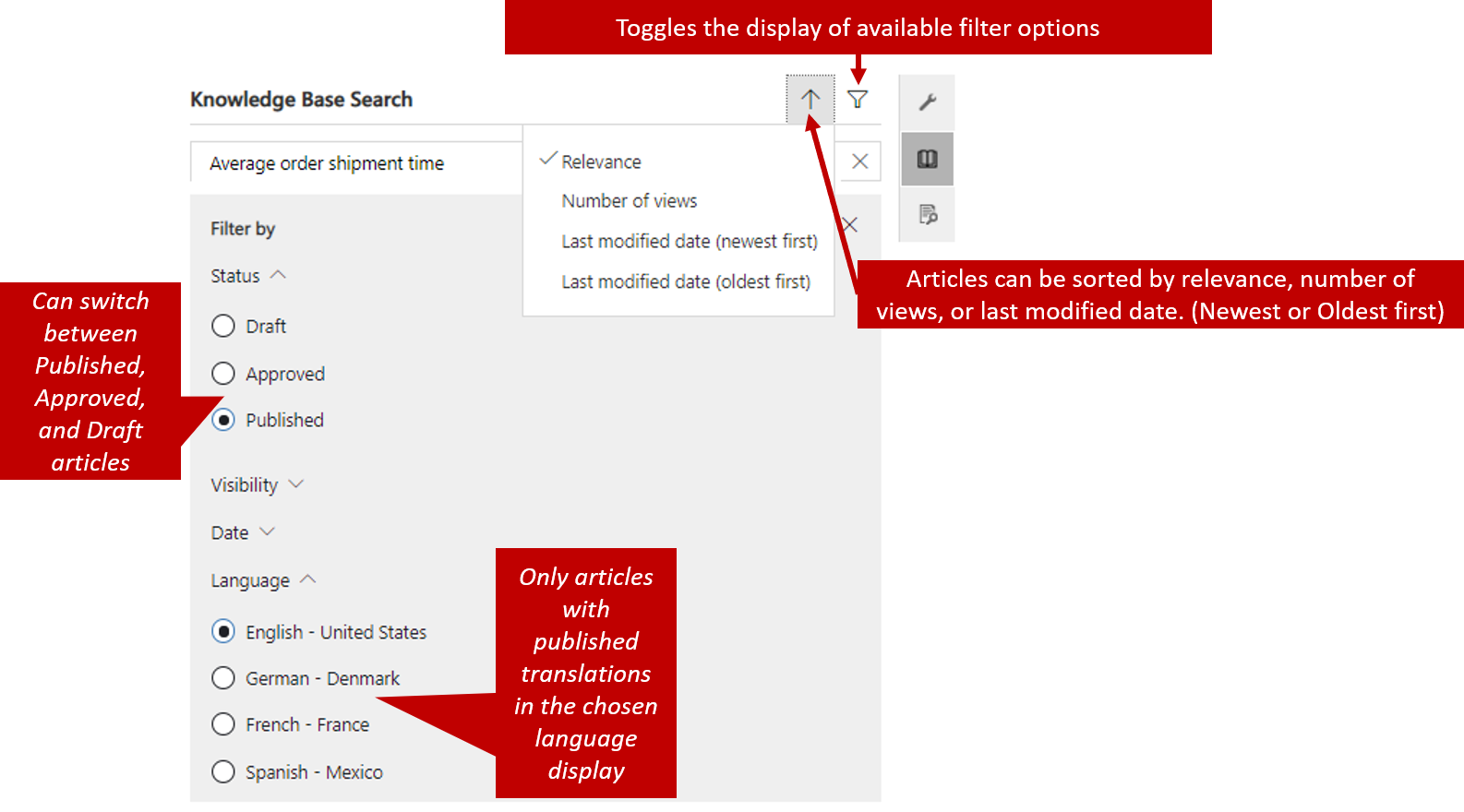 Screenshot of the Knowledge Base Search control with key features identified.