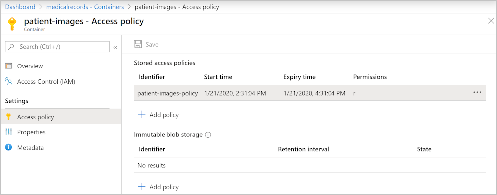 Screenshot of the Azure portal showing a stored access policy.