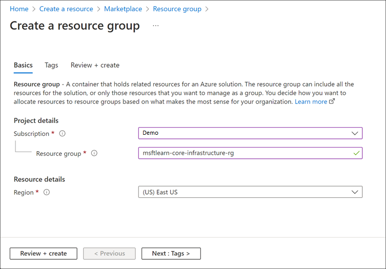 Screenshot of Azure portal showing the resource group creation with subscription, resource group, and region entered.