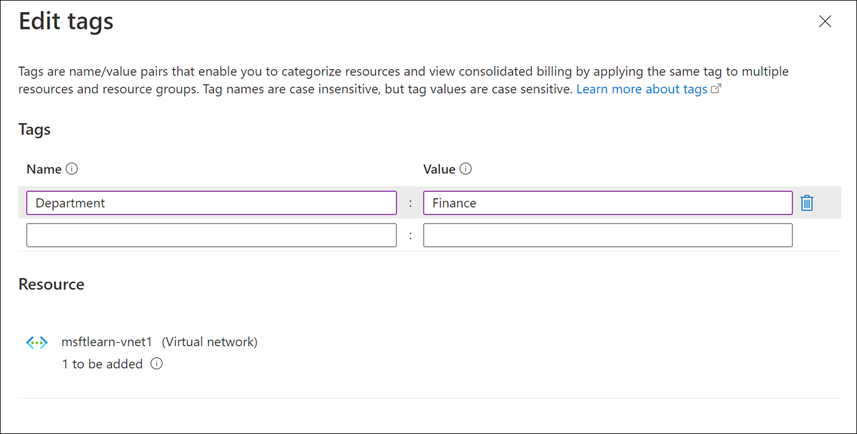Screenshot of Azure portal showing the edit tags dialog with new tag name and value entered.