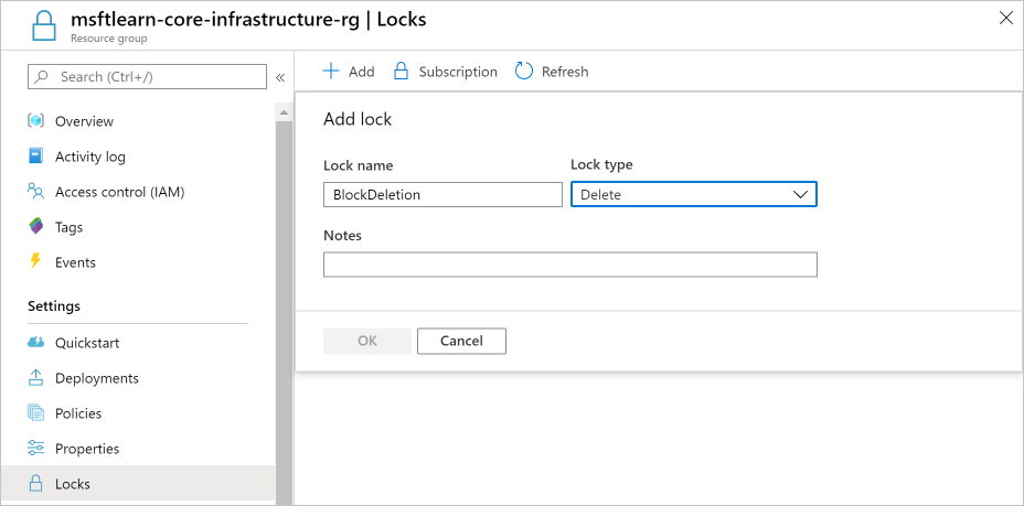 Screenshot of Azure portal showing a new delete resource lock being configured.