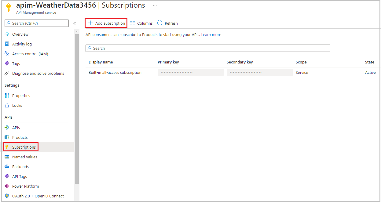 Screenshot showing how to add a new subscription.