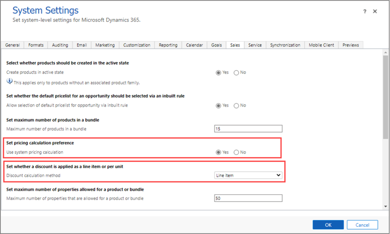 Screenshot of Dynamics 365 Sales System Settings page.