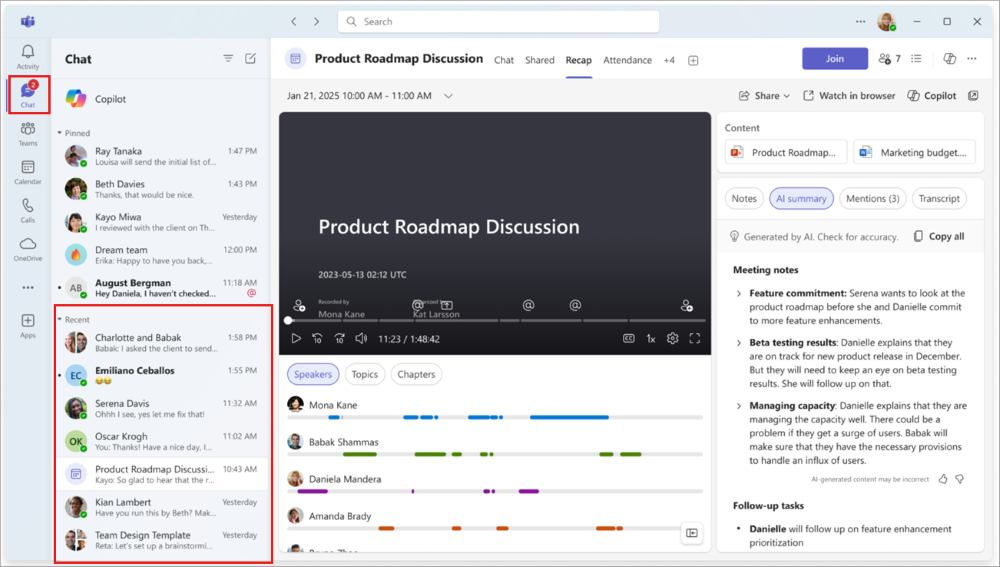 Screenshot showing Microsoft Teams chat tab on the left pane toolbar options to view recent or miss chats or events.