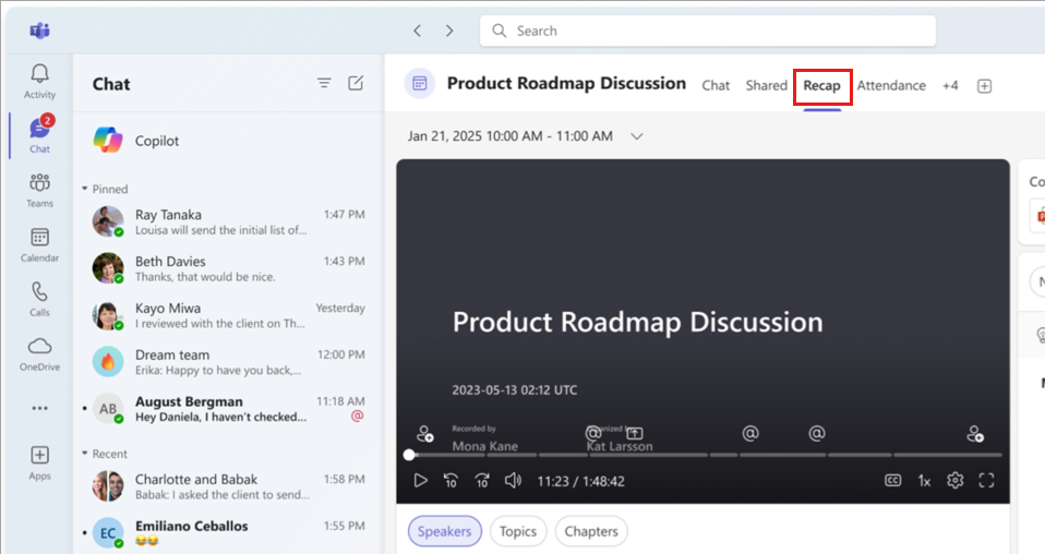 Screenshot showing the copilot recap option in Microsoft Teams.