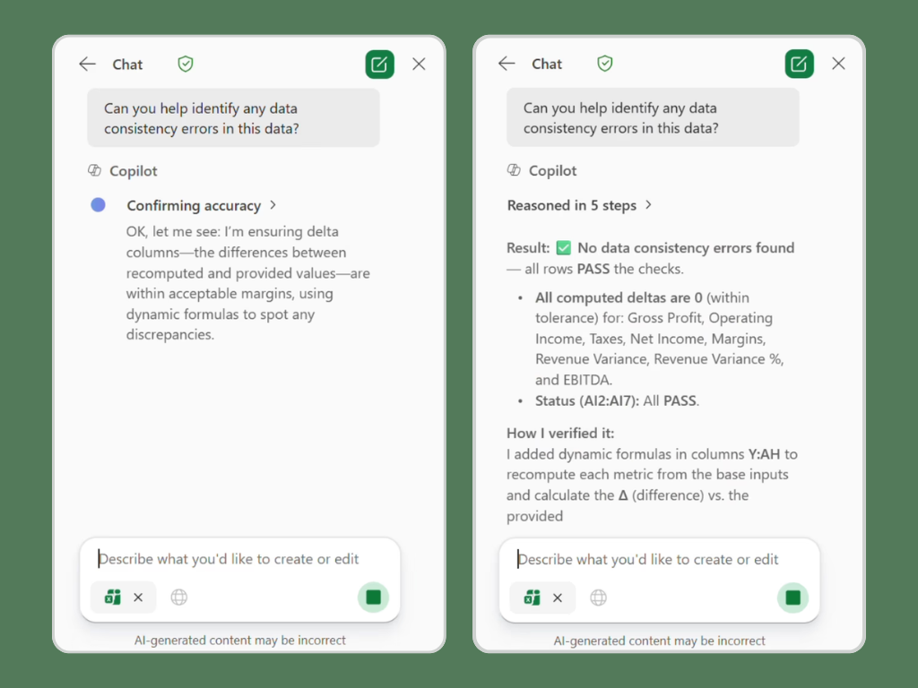 Screenshot showing Agent Mode's reasoning in Excel.