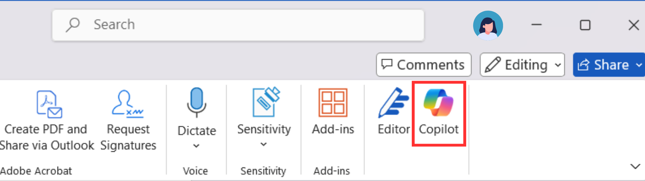 Screenshot of the Copilot button in Word.