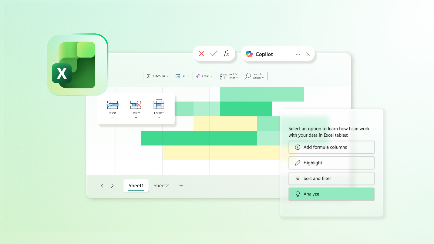 Illustration of Copilot features in Excel.