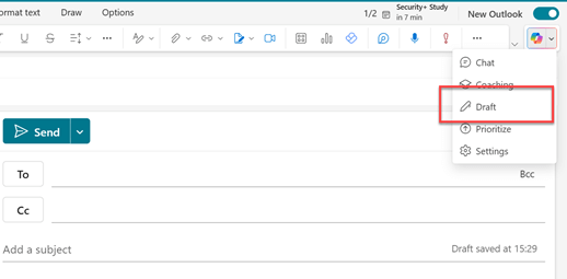 Screenshot of the Draft with Copilot option in Outlook.
