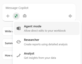 Screenshot of the Agent Mode option in Copilot chat in Excel.